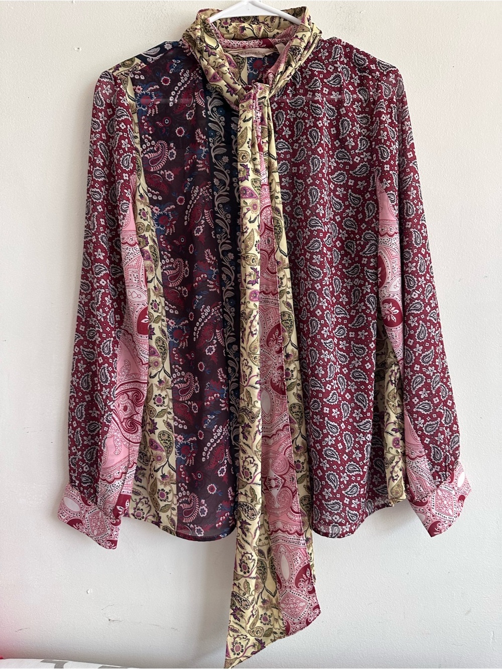 Soft Surroundings Paisley Panel Tie-Neck Shirt in Burgundy, Pink and Cream